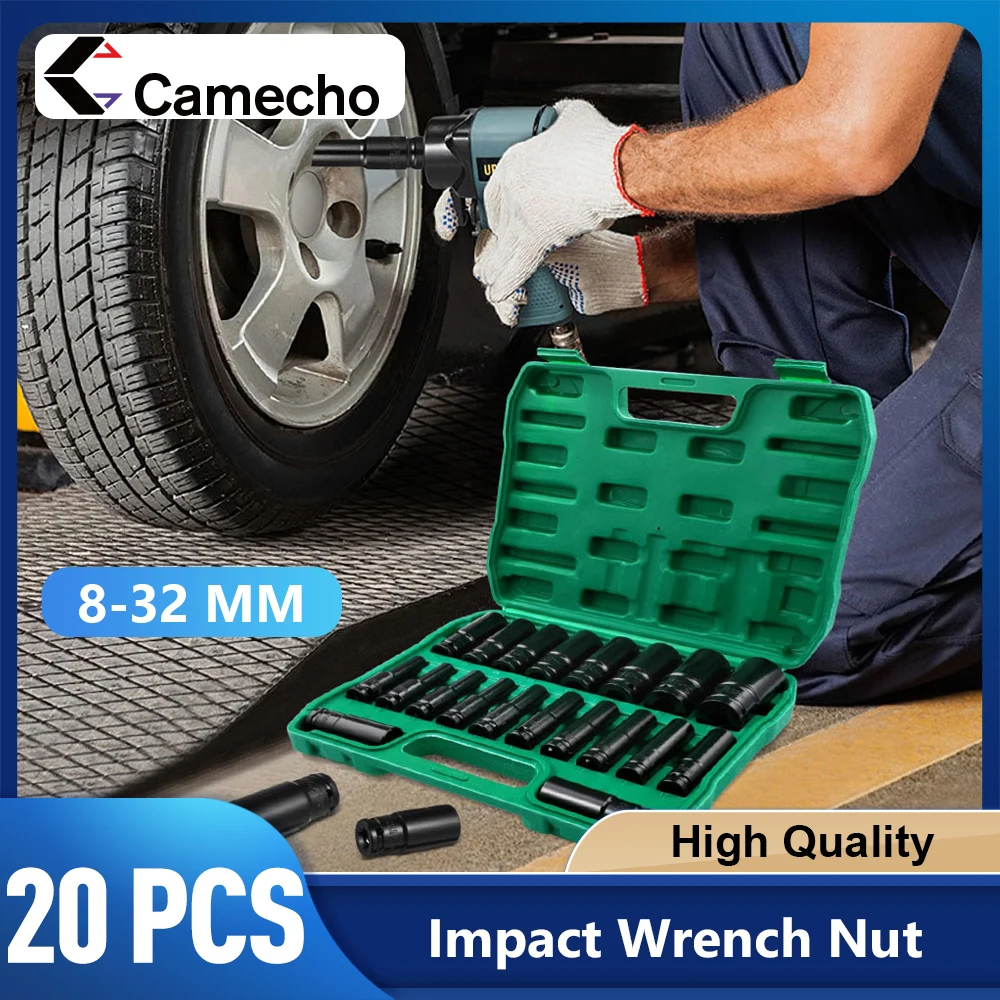 Inefala 20 pièces jeu d'écrous de clé à chocs de 1/2 pouces, jeu de clés à douille d'écrou de puissance hexagonale en acier au Chrome Vanadium de 8-32mm