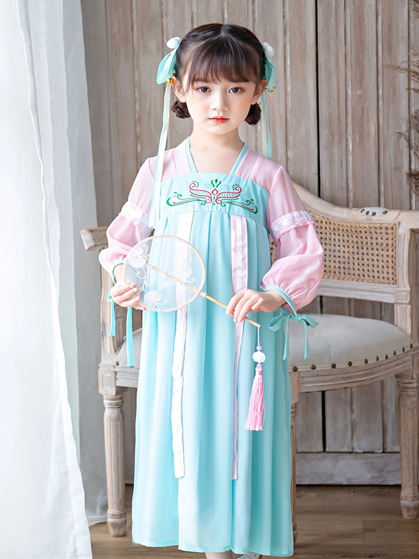 Meninas chinês antiguidade hanfu tang flor bordado mangas compridas chiffon azul princesa vestido primavera festival trajes de ano novo