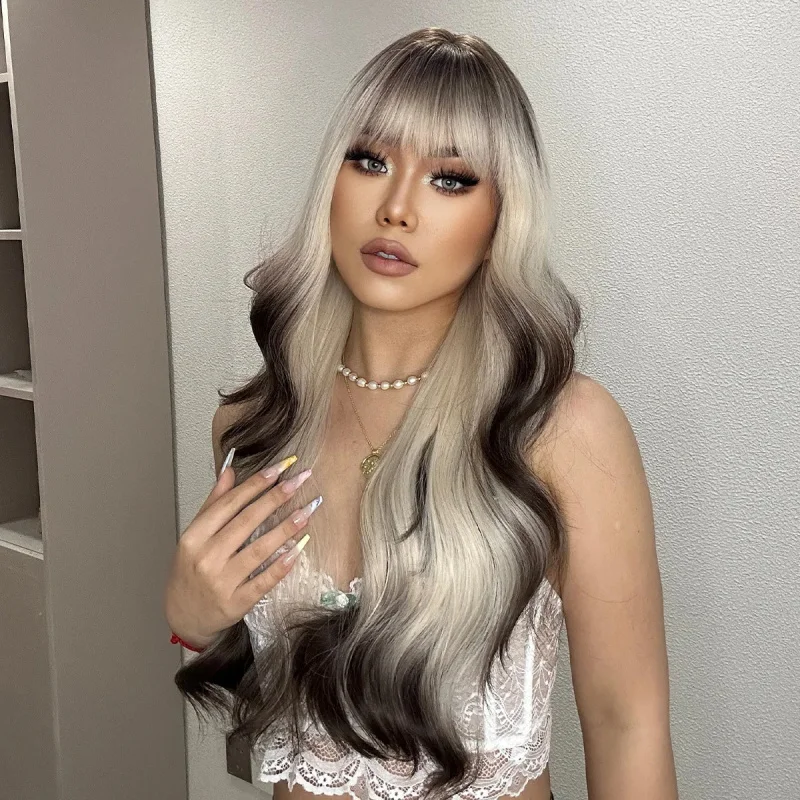 

New for women with bangs, platinum to chocolate gradient, trendy hair color, large wavy curls wig set