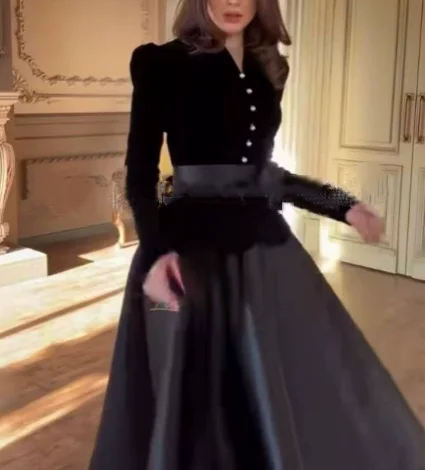 

French Hepburn Style Suit Dress with Bow Light Luxury Women's Vintage Fashion Long Gown