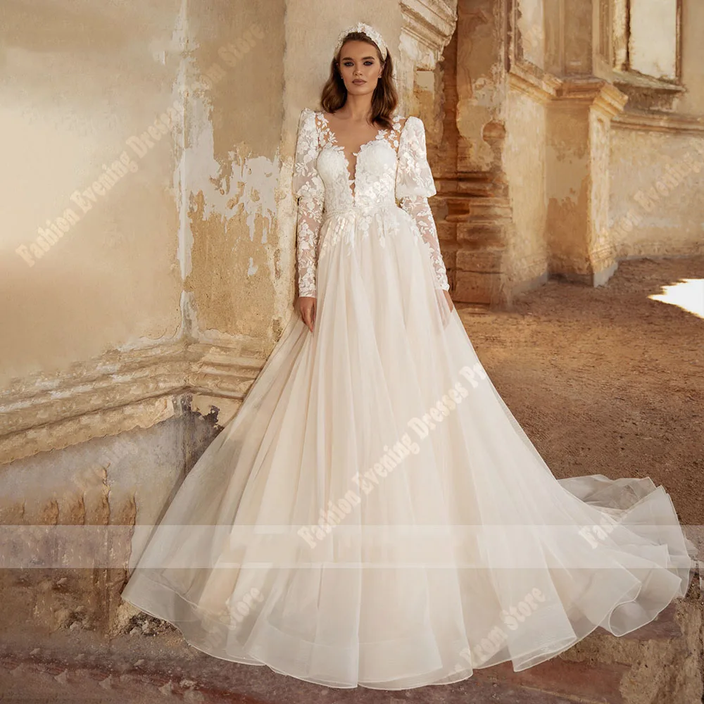 Vestidos de casamento sexy românticos com decote em v para mulheres, vestidos de noiva Puff A Line, vestidos elegantes Puff Princess, tecido suave doce, mais novo