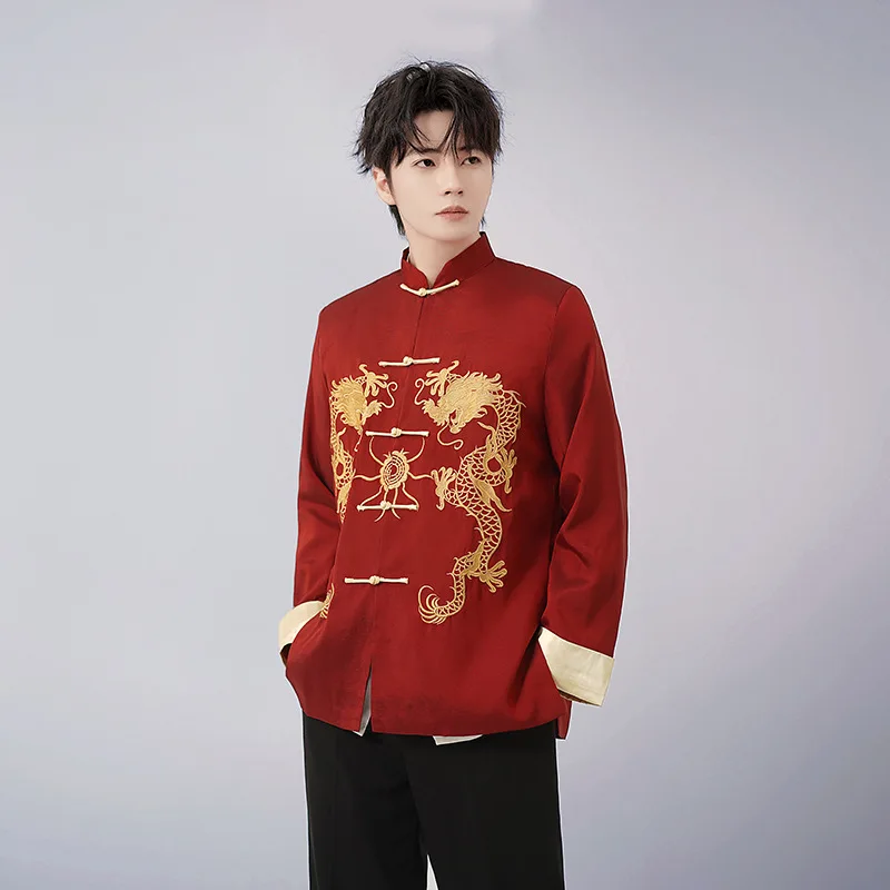 التنين الصيني التطريز قميص الكونغ فو معاطف تانغ دعوى الملابس الصينية التقليدية للرجال السترات Hanfu الرجال الملابس