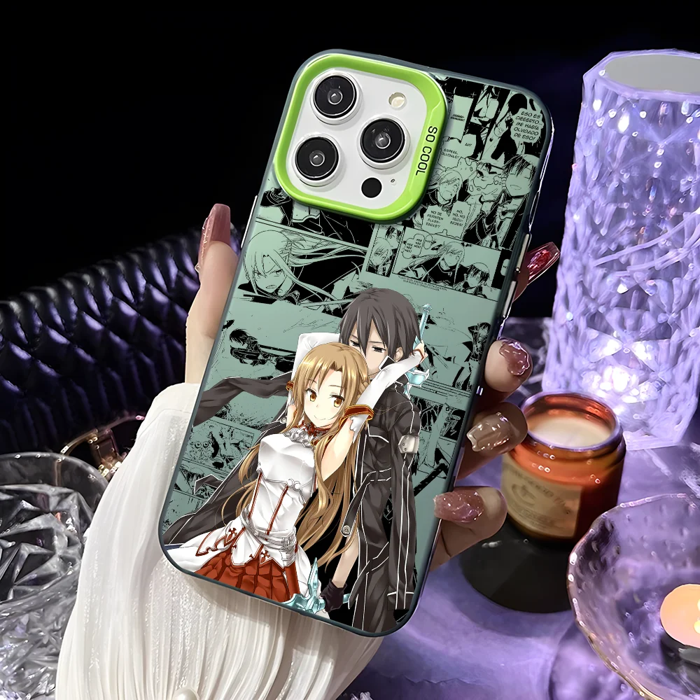 أنيمي ساو A-Asuna x Kirito جراب هاتف آيفون 16 15 14 13 12 11 برو ماكس أسود ماتي متعدد الألوان الليزر لامع أورورا غطاء