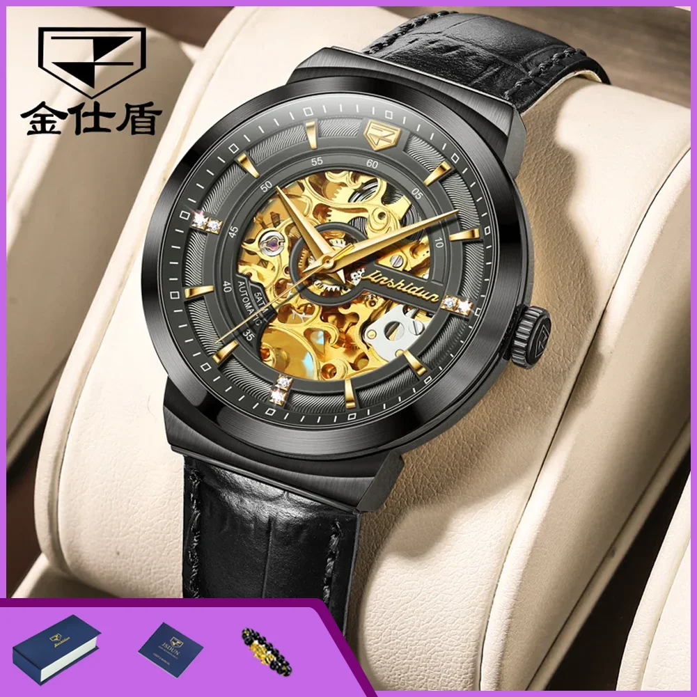 Montres pour hommes JSDUN 8916 de luxe, bracelet en cuir tendance, montres mécaniques automatiques à cadran creux pour homme, étanches 5 bars, montre élégante