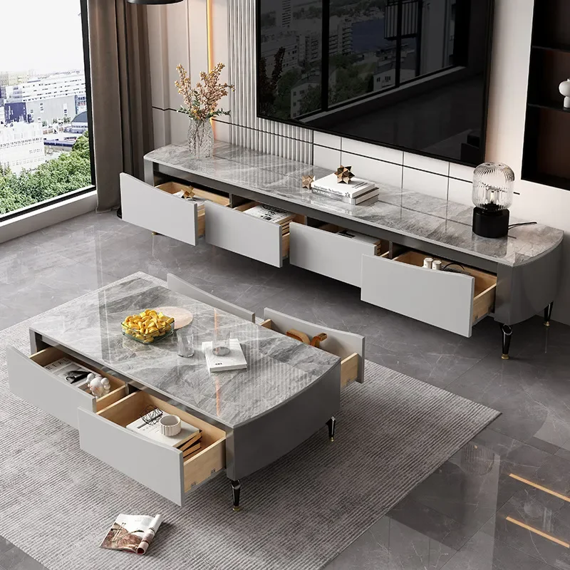Modern Rock Slab Coffee Table and TV Cabinet Combo Small Apartment Living Room Floor Standing Storage Unit for Home Use