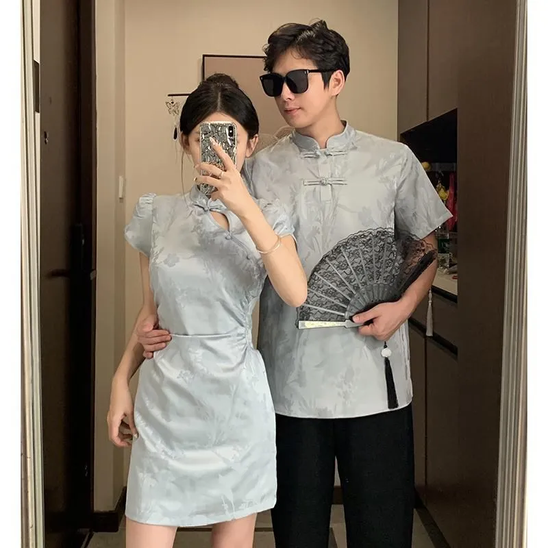 

Couples Matching ort Sve Dr And irt New Chinese Sle Slimming Ele Design Comfortable Breathable Summer Wear