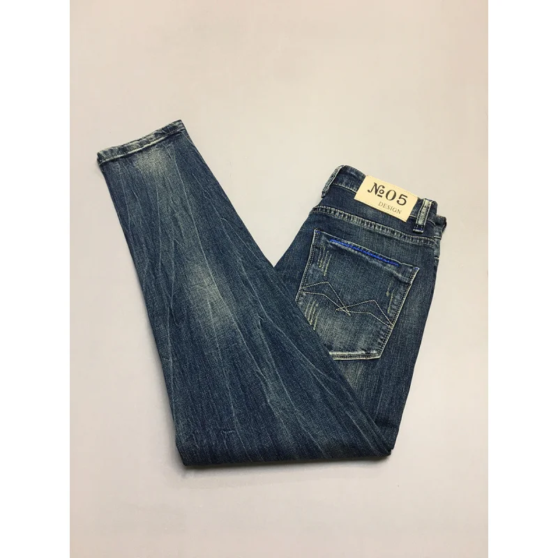 

Модные синие джинсы в стиле ретро, мужские элитные повседневные облегающие брюки с небольшими ногами, ностальгические тяжелые брюки