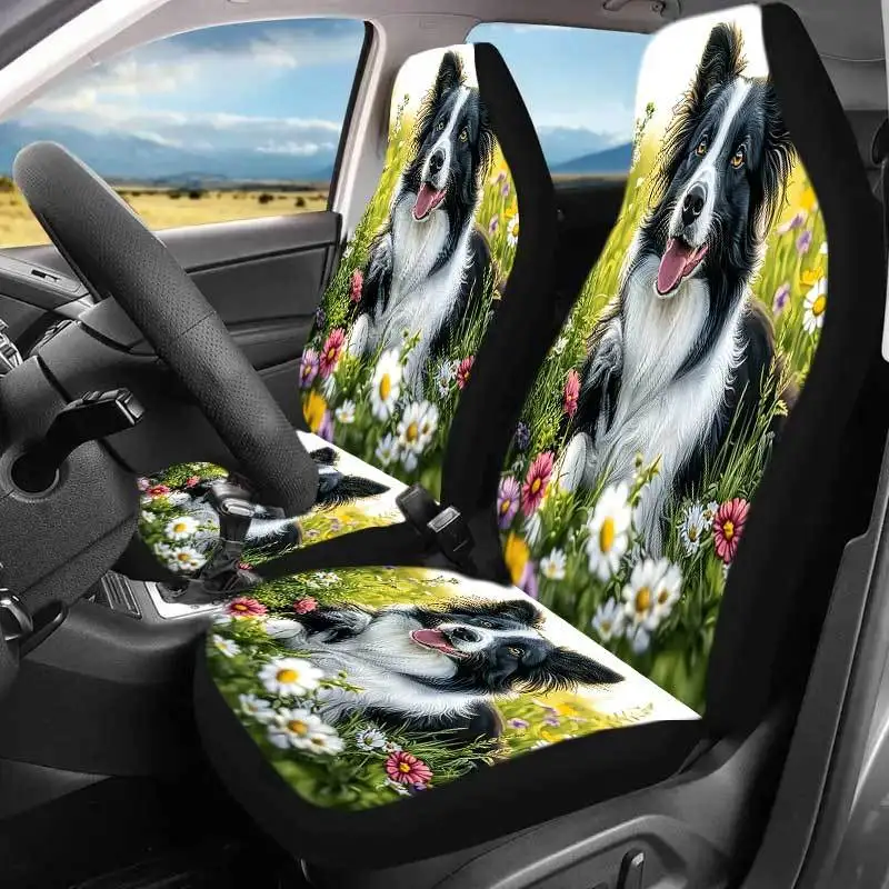 2 Border Collie Car Seat Covers In Spring Flower Beds 2pcs Set, Universal Front Seat Cover Suitable For Sedans, SUVs And Trucks,