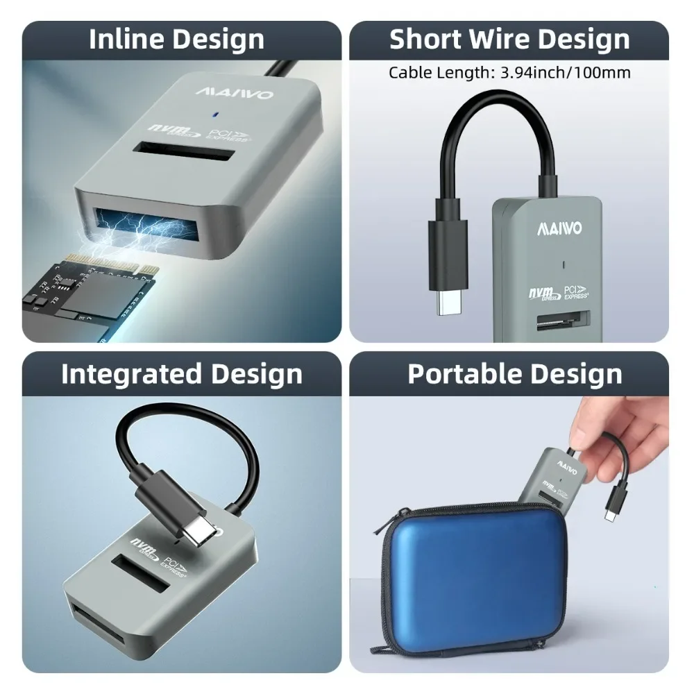 MAIWO kandang SSD M.2 NVME, kotak Hard Drive eksternal antarmuka 10Gbps PCIe SSD untuk M.2 NVMe SATA SSD Disk M2 NVME ke Tipe C