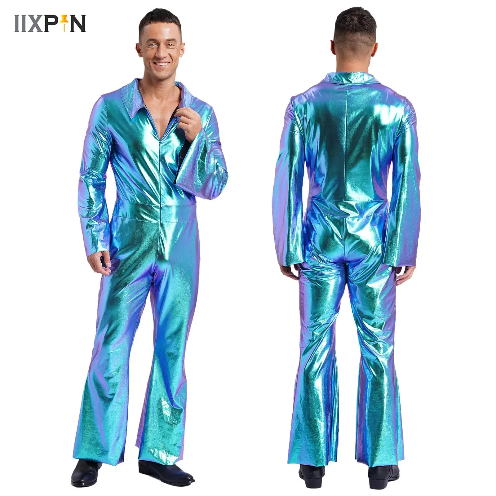 

Mens 70s Disco Dance Jumpsuit Metallic Shiny Lapel Flare Sleeve Zipper Wide Leg Pants One Piece Rompers Vintage Raves Clubwear