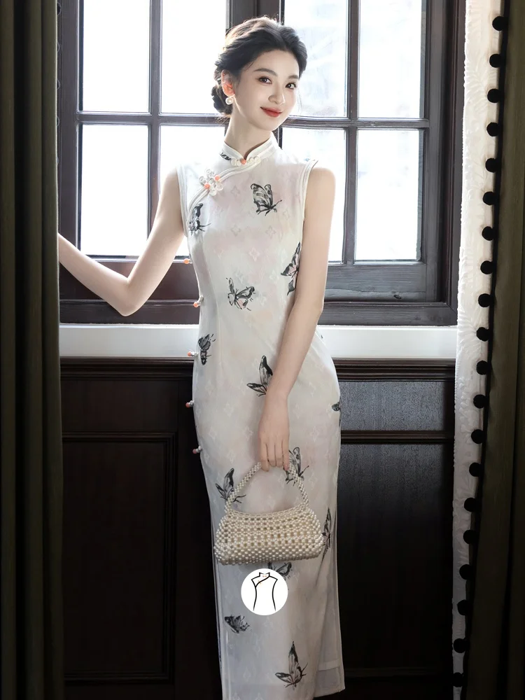 

Элегантное облегающее длинное платье-ципао без рукавов с красивым цветочным принтом в китайском стиле, дышащее, с эффектом утяжки талии, для женщин