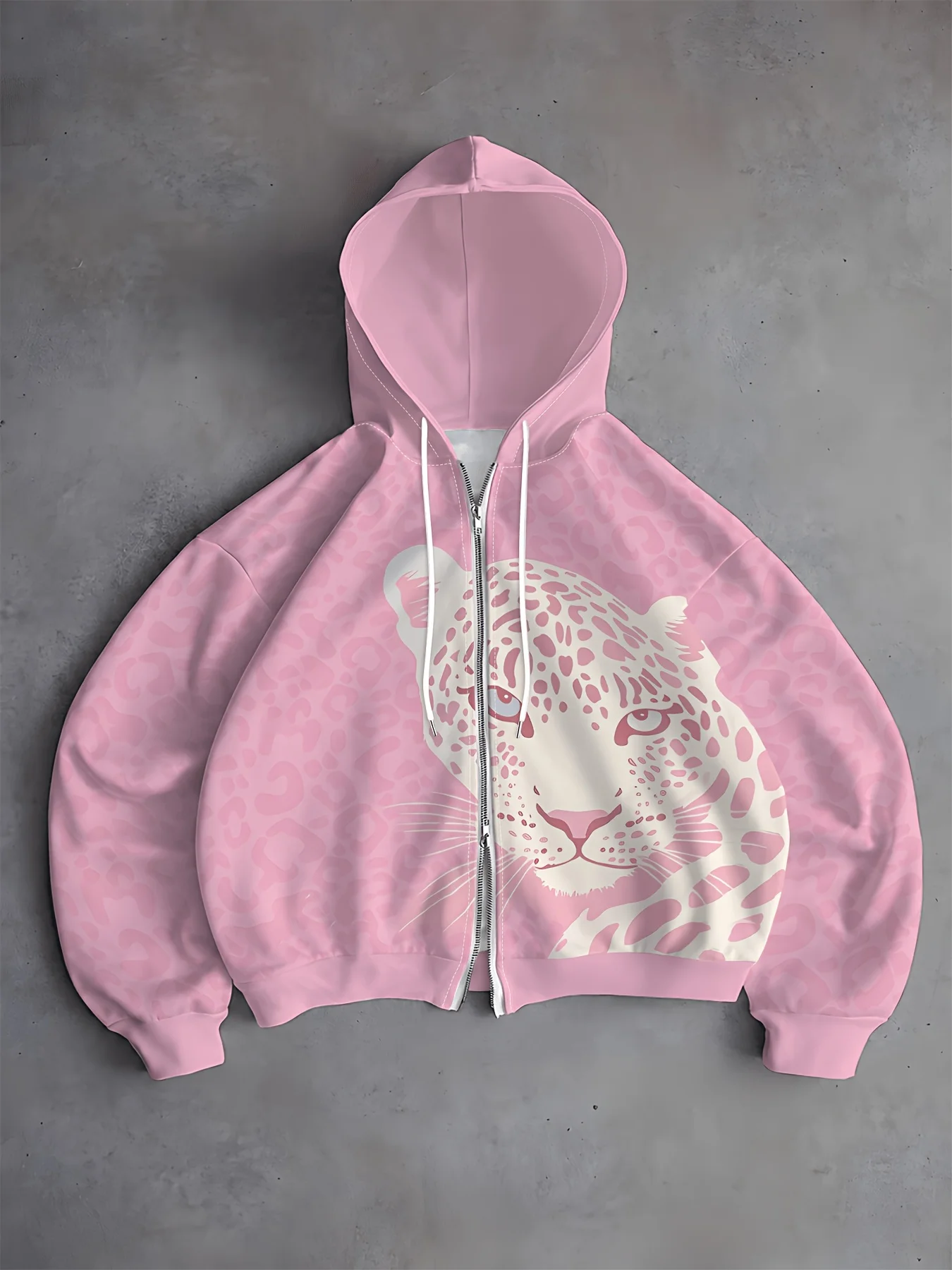 Y2K Pink Full Print Zip Up Hoodie Women Oversized Casual Hooded Cute Animal Abstract Doodle Striped Graphic Sweatshirt