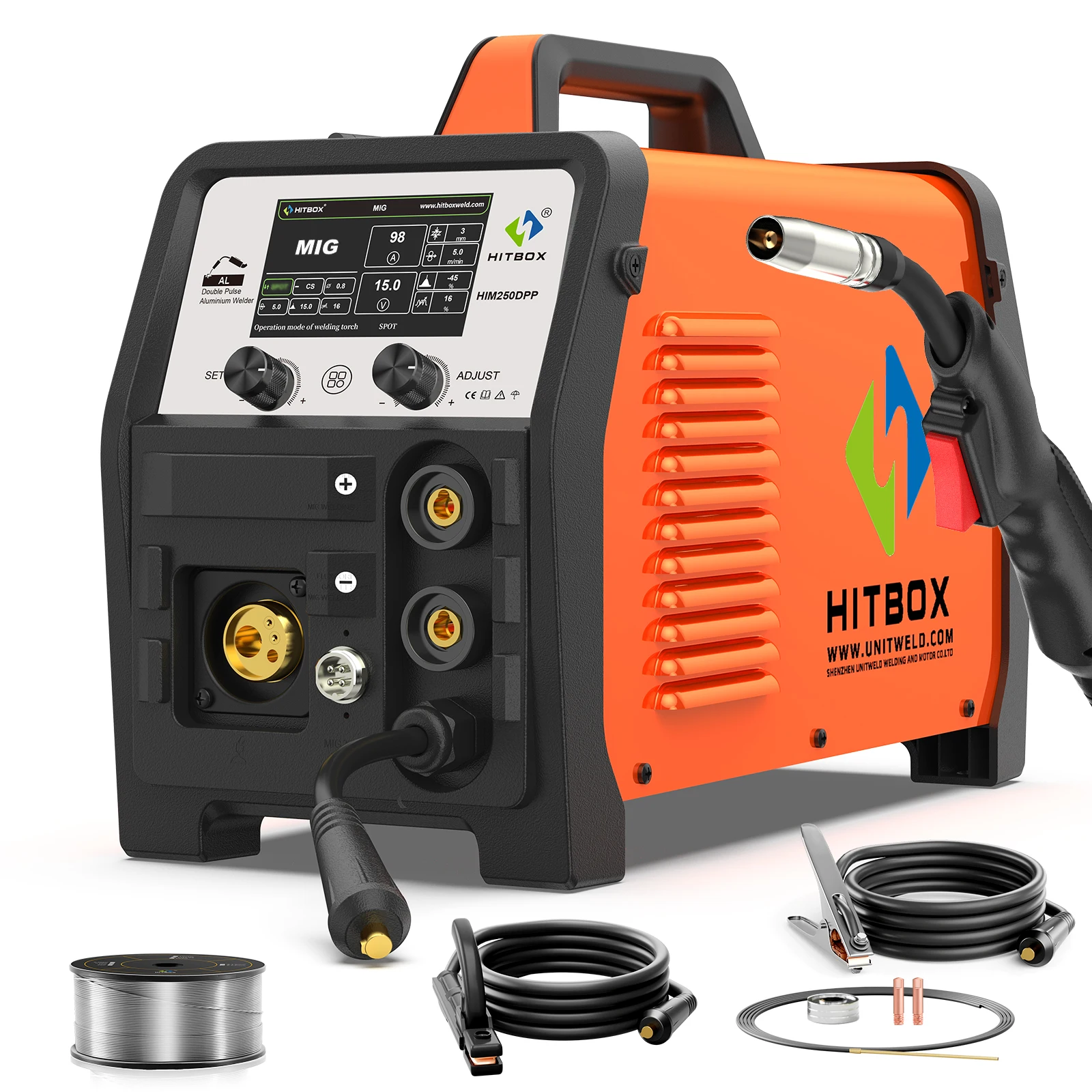 HITBOX HIM250DPP 8 IN 1 Doppelpuls-MIG-Schweißgerät Gas-/Gasloses MIG MMA Lift TIG Punktschweißmaschine Aluminium-Schweißinverter