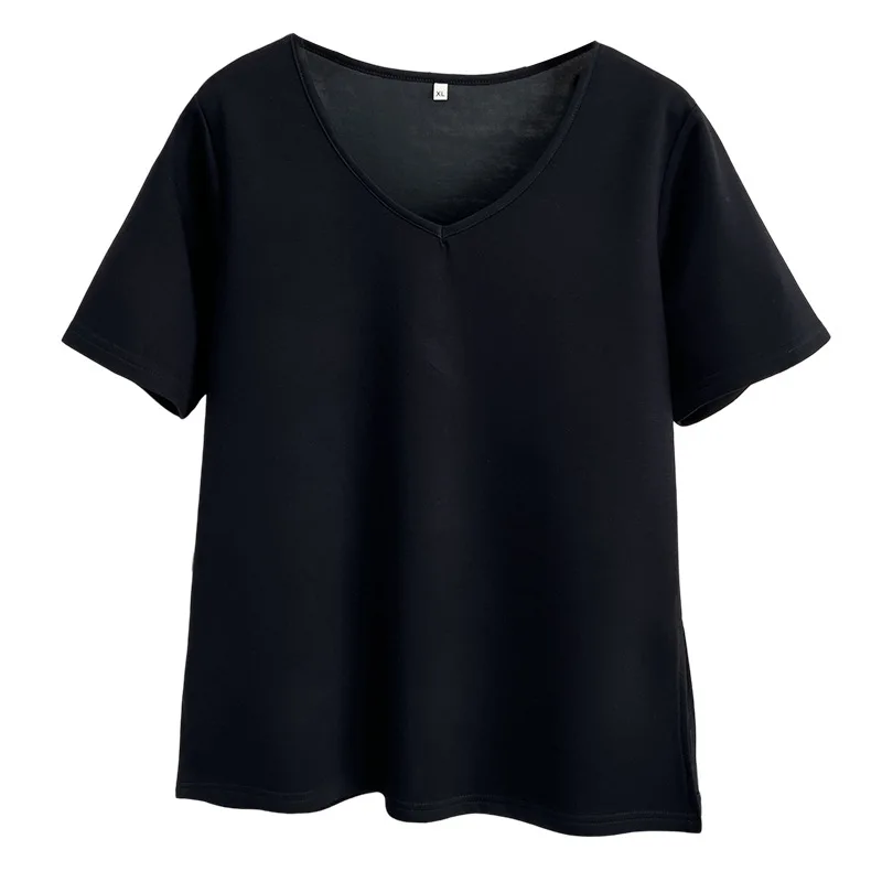 

Женская футболка больших размеров 100 кг, новая летняя повседневная и простая однотонная футболка с v-образным вырезом и короткими рукавами 1033