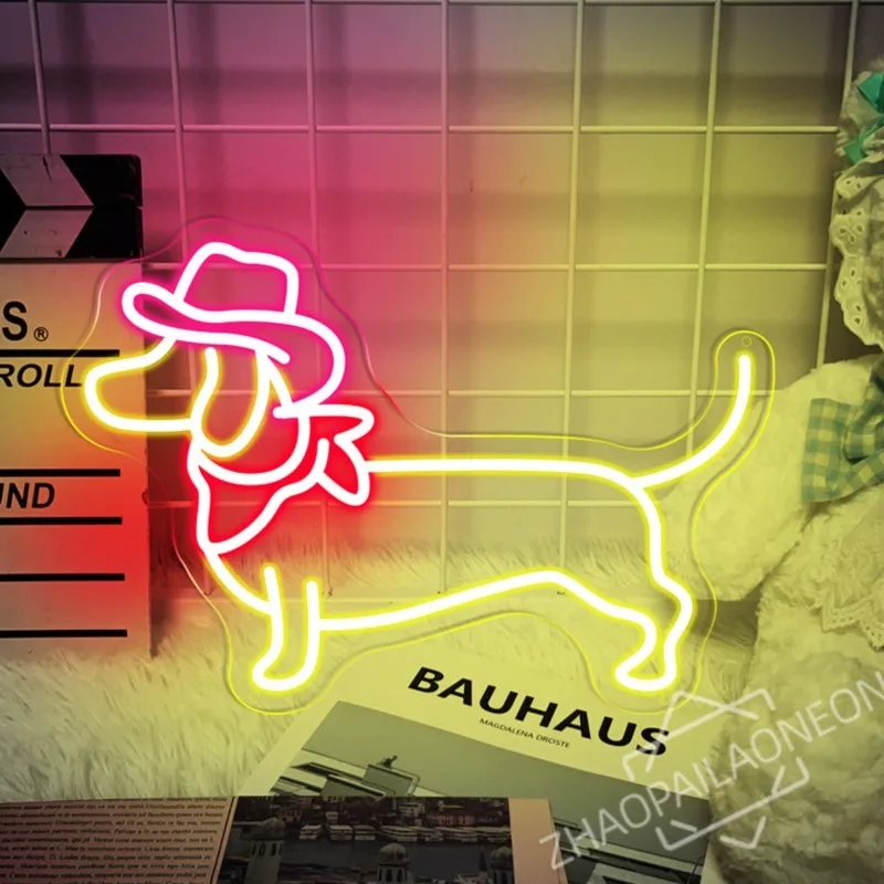 Dachshund Neon Sign Wall Decor Cute Puppy Cowboy Hat Led Light Sign Pet Shop Children's Bedroom Decorations Light Up Sign