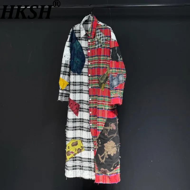 

HKSH Spring Autumn New Men Tide Punk Patchwork Plaid Long-Sleeve Shirt Korean Casual Streetwear Shirt-Coat Chic Ins Vibe HK20472