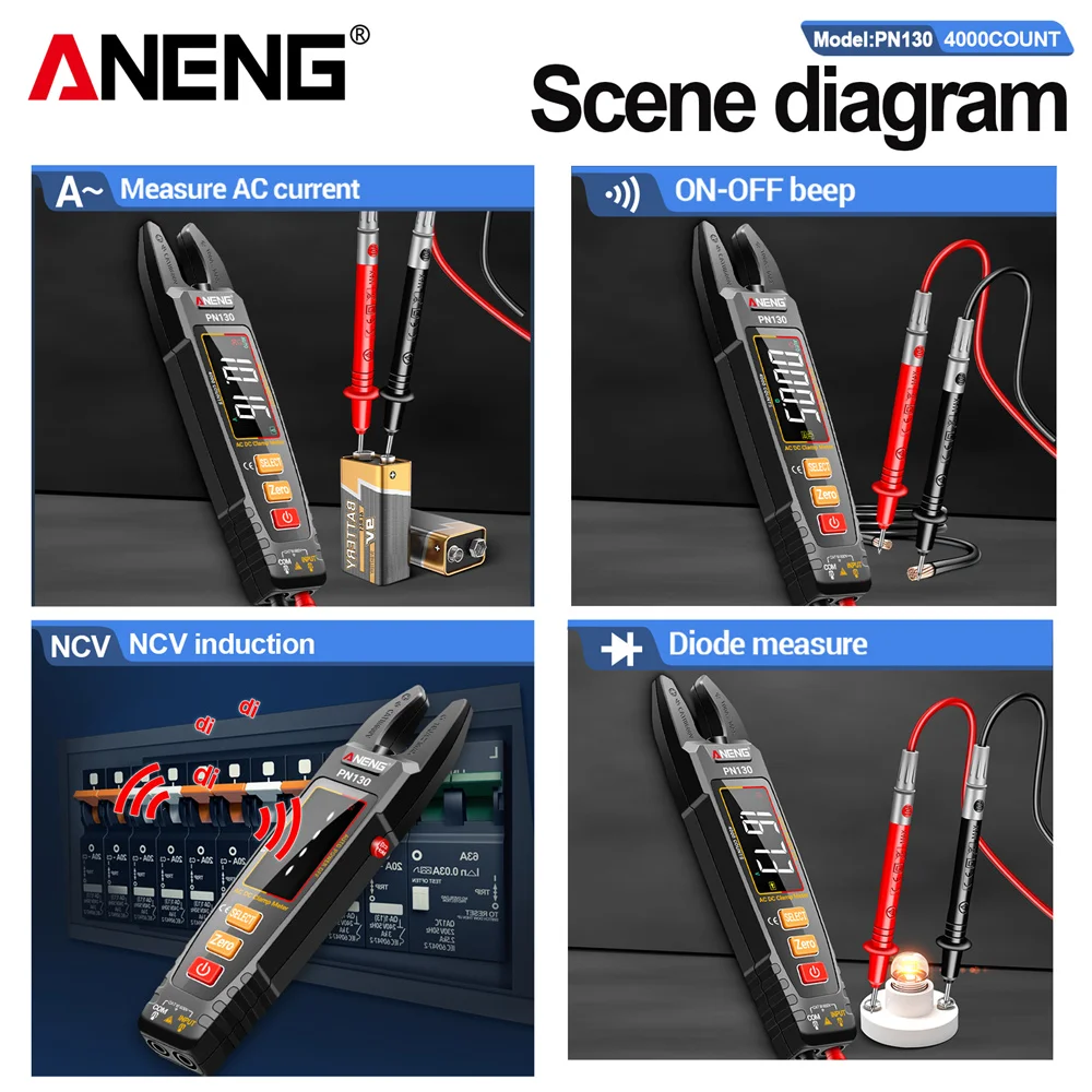 ANENG PN129/PN130 Clamp Meter U-shaped 4000 Counts Resistance Pliers Tester AC/DC Voltage Current Tools