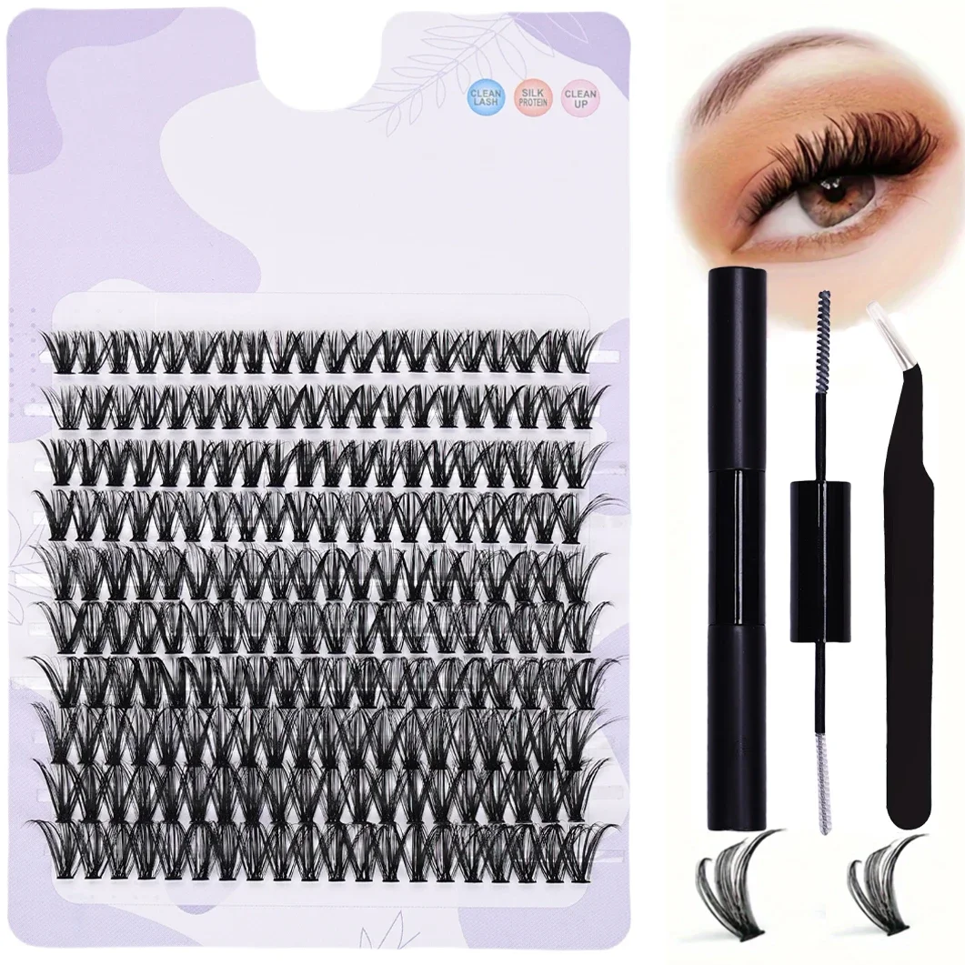 False Eyelash Extension Kit - 200pcs Clusters with Adhesive and Sealant Plus Tweezers for DIY Lash Extensions