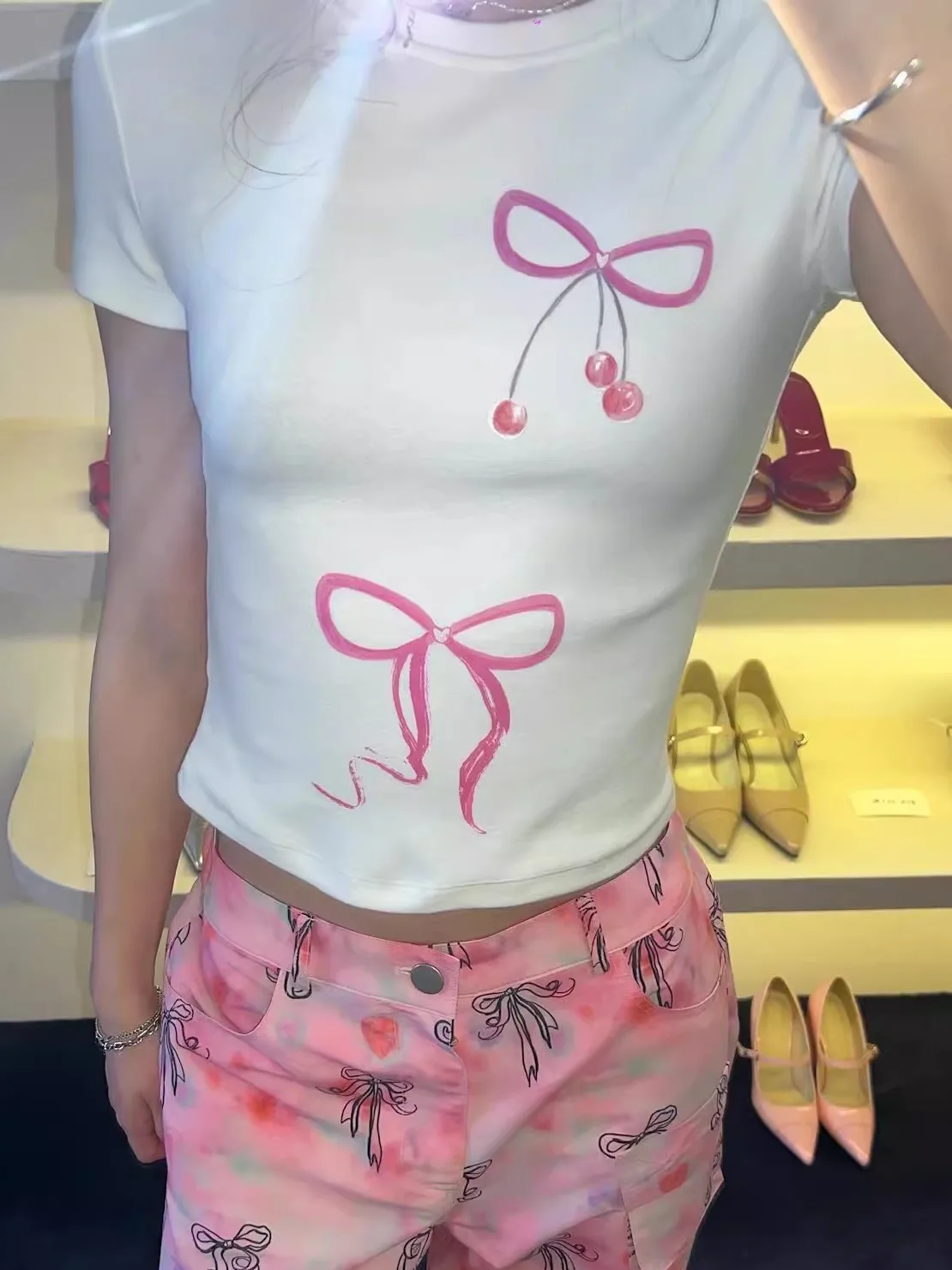 순면 고탄력 오르트 스피 티셔츠 여성 슬림핏 프린트 숄더 체리 캐주얼 슬리브 탑 여름옷