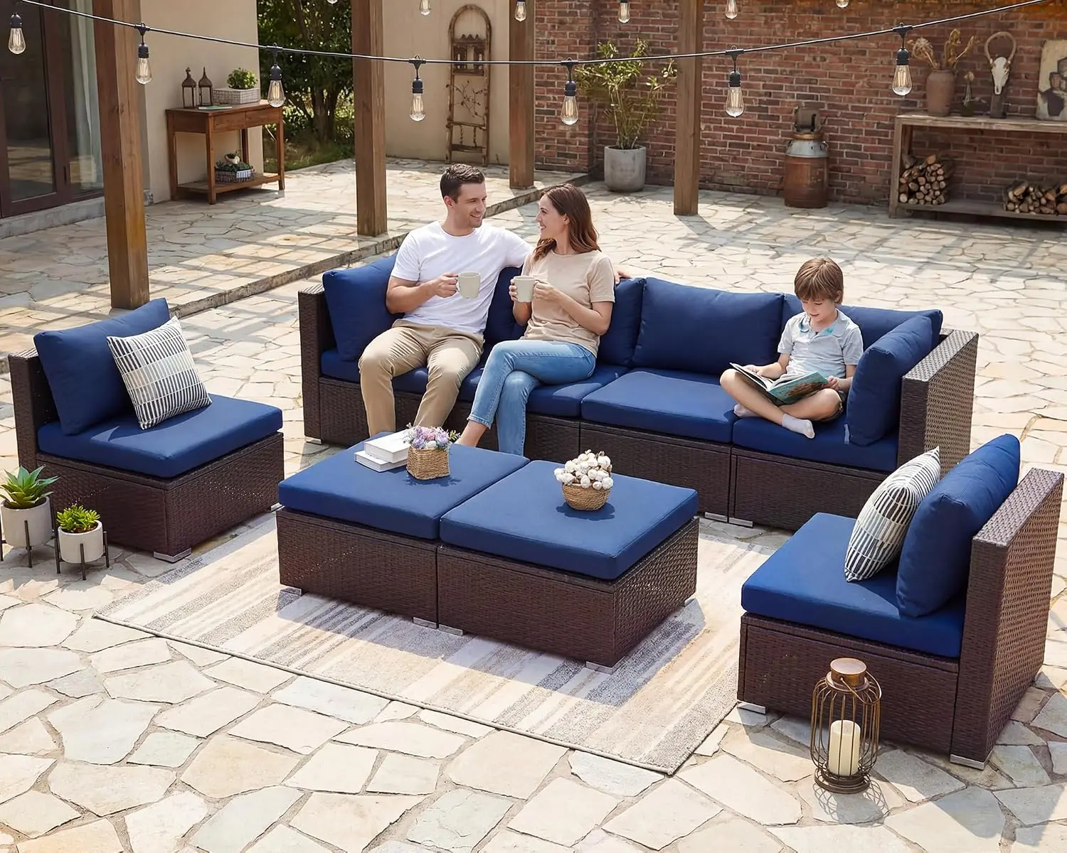 Aliexpress 8 Person Outdoor Sectional Sofa, 29.3'' High Back Wicker Patio Furniture, Extra Large Rattan Seating, Brown & Navy, Customized - Aliexpress Deal