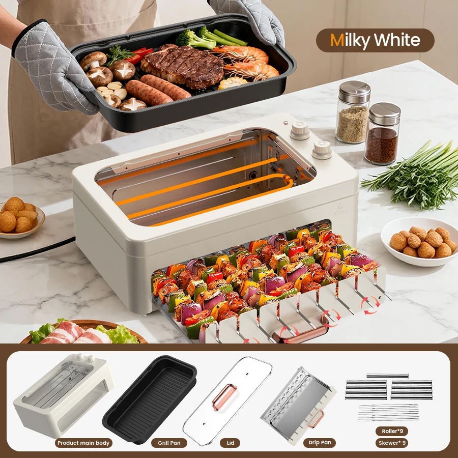 3-in-1 Smokeless Indoor Electric Grill, Countertop BBQ Grill with Dual-Zone Cooking, 360° Rotating Kabob Skewers, Hot Dog Roller & Removable Nonstick Pan, 1500W, 210–430°F, with Lid
