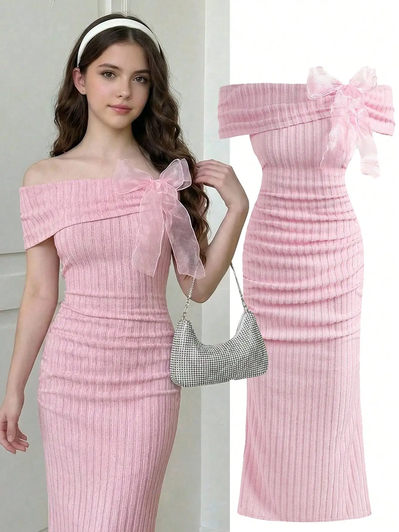 

Платье с открытыми плечами, рюшами и бантом для женщин, розовое, в рубчик, миди
