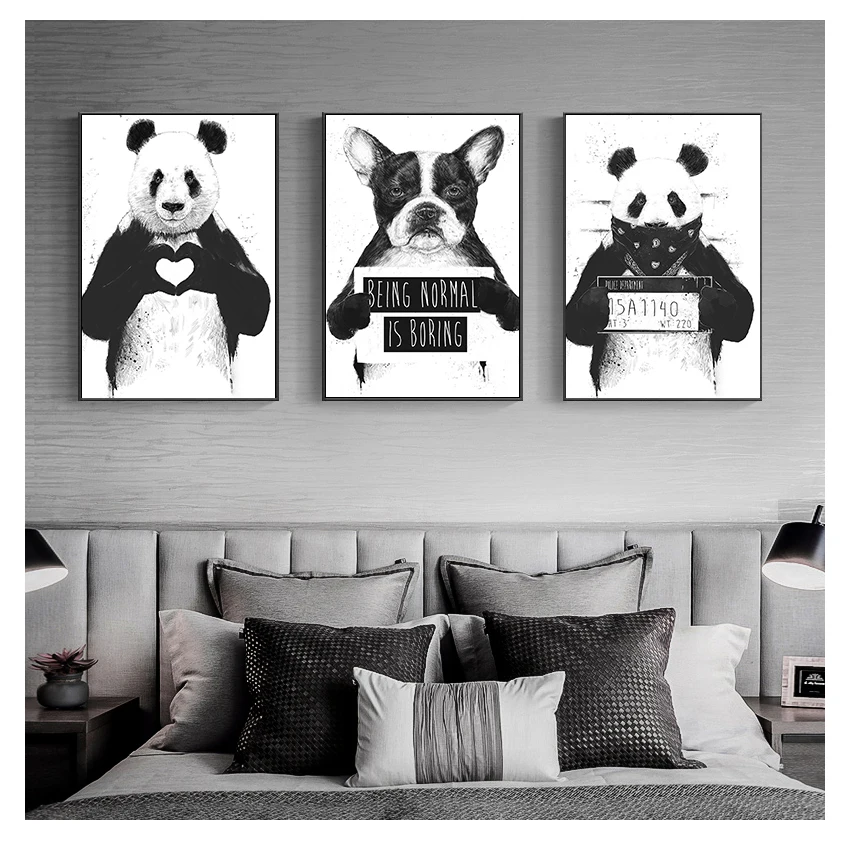 Nordic Cartoon Canvas Painting Wall Art Cute Panda Boston Terrier Pictures Modern Home Decor Funny Black White Animals Poster