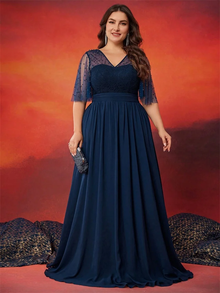 

Lucyinlove Plus Size Luxury V-Neck Chiffon Blue Evening Dress Women Elegant V-back Wedding Party Long Prom Cocktail Dress