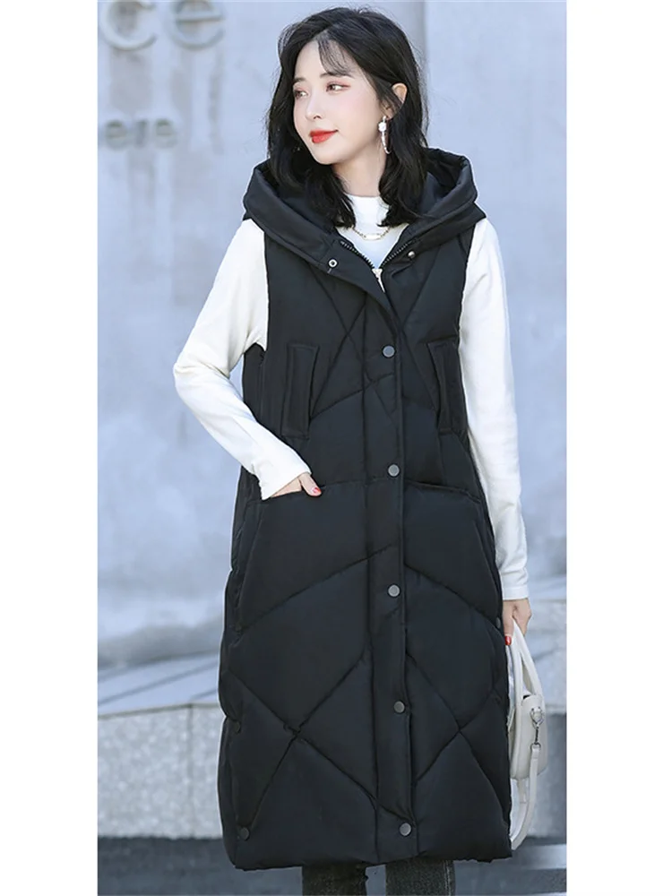 

Женский Длинный жилет с капюшоном, черный облегающий хлопковый жилет без рукавов в Корейском стиле, теплая одежда, осень-зима 2022