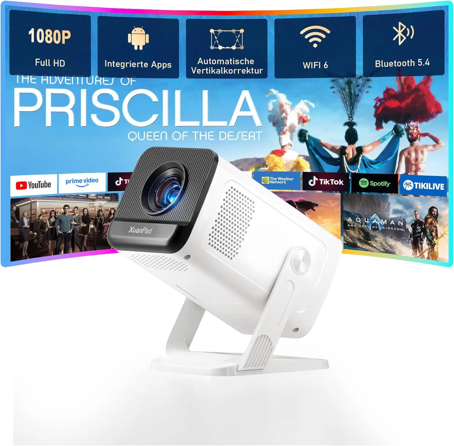 

Белый портативный смарт-проектор Full HD 1080P с Wi-Fi, Bluetooth, встроенными приложениями и автоматической коррекцией трапецеидальных искажений