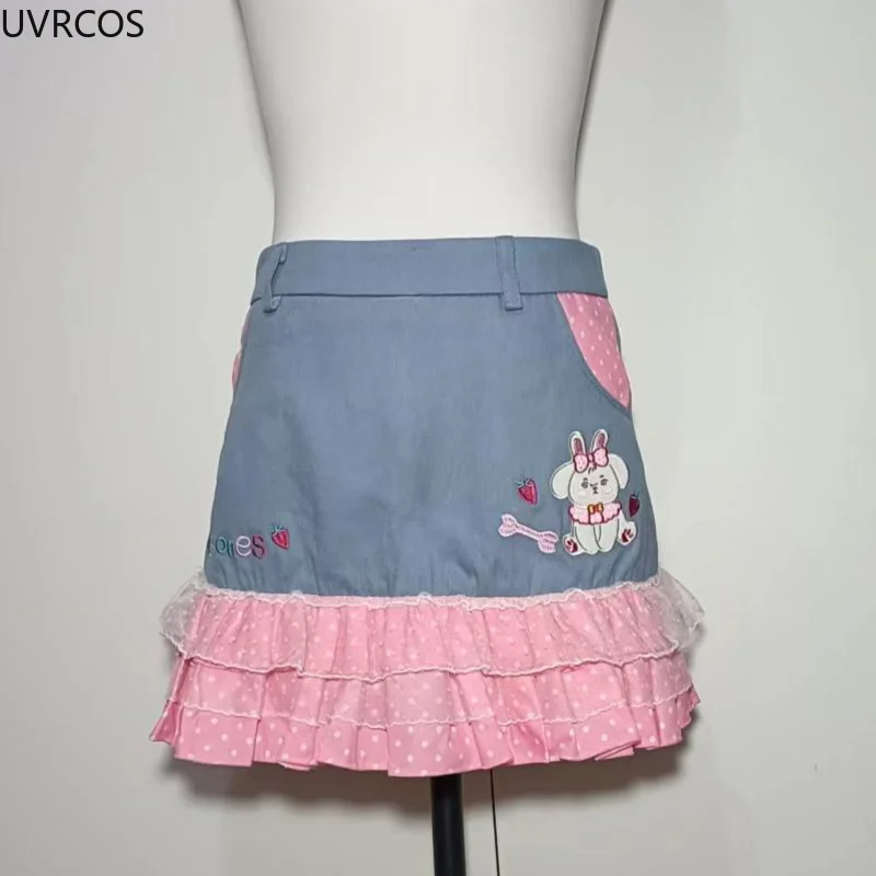 Harajuku Y2k Lolita Style Denim Skirts Women Pink Lace Polka Dot Ruffles Pleated Short Skirts Japan Sweet Party Mini Cake Skirt