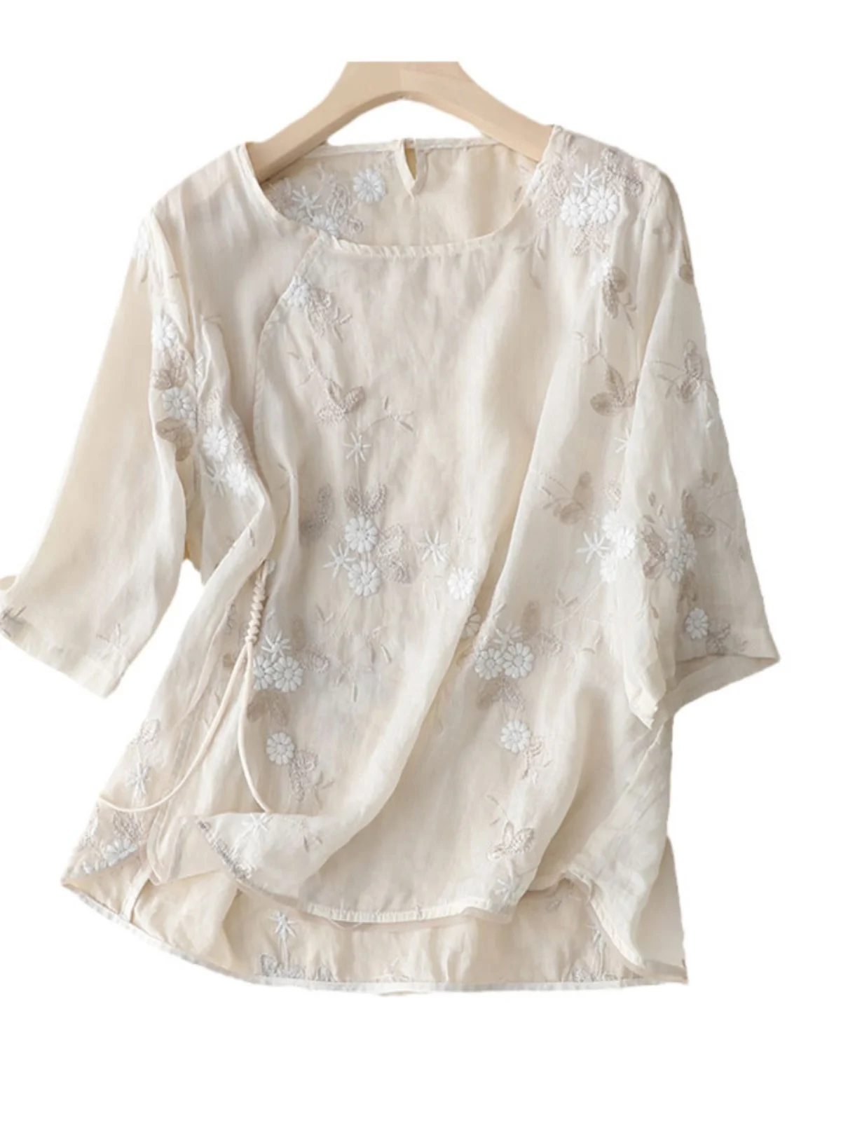 Ele bordado algodão linho ort sve irt feminino trabalho pesado solto ajuste leve verão topo redondo ne design