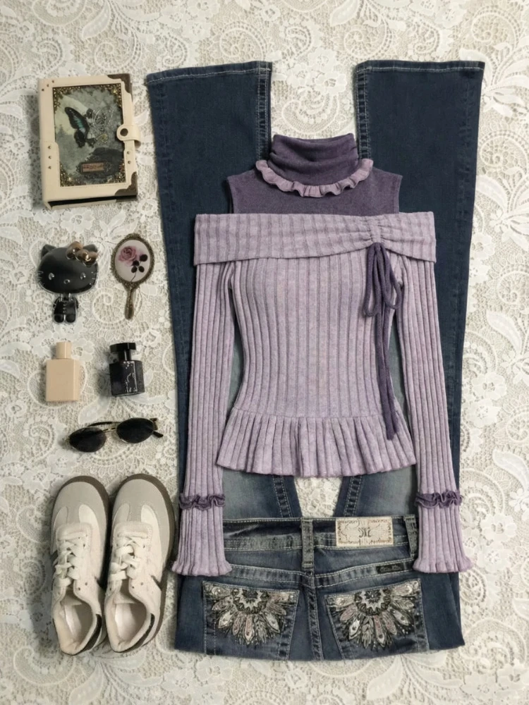 2026 Spring Sexy Retro Fake 2 Piece Blouse Women Sweet Lolita Design Long Sleeve Tops Female Slim Fairy Korean Popular Clothes