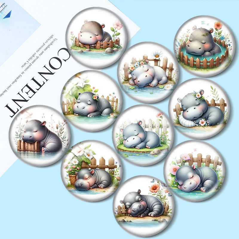 

Cartoon Flower Pond Hippo 12/18/20/25mm glass cabochon bracelet pendant rings for jewelry demo earrings back Making findings