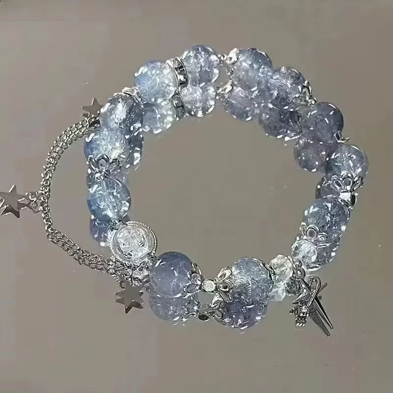 Simple Design Bead Bracelet Y2k Star Chain Tassel Bracelet for Women Fantasy Blue Crystal Elastic Rope Best Friend Jewelry Gifts