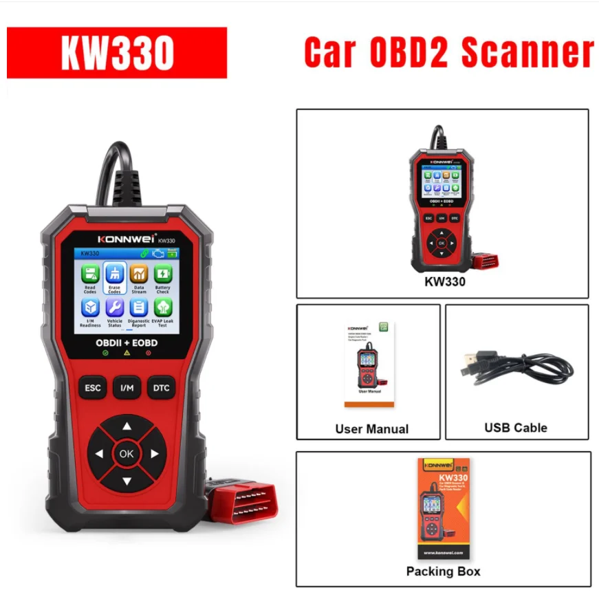 2026 KONNWEi KW330 Car OBDII Fault Scanner Engine Battery Test Fault Code Clear Real-Time Data Professional OBD2 Inspection Tool