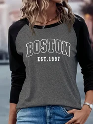BOSTON Print Crew Neck T shirt Casual Long Autumn winter top women's long sleeved T-shirt loose comfortable black white