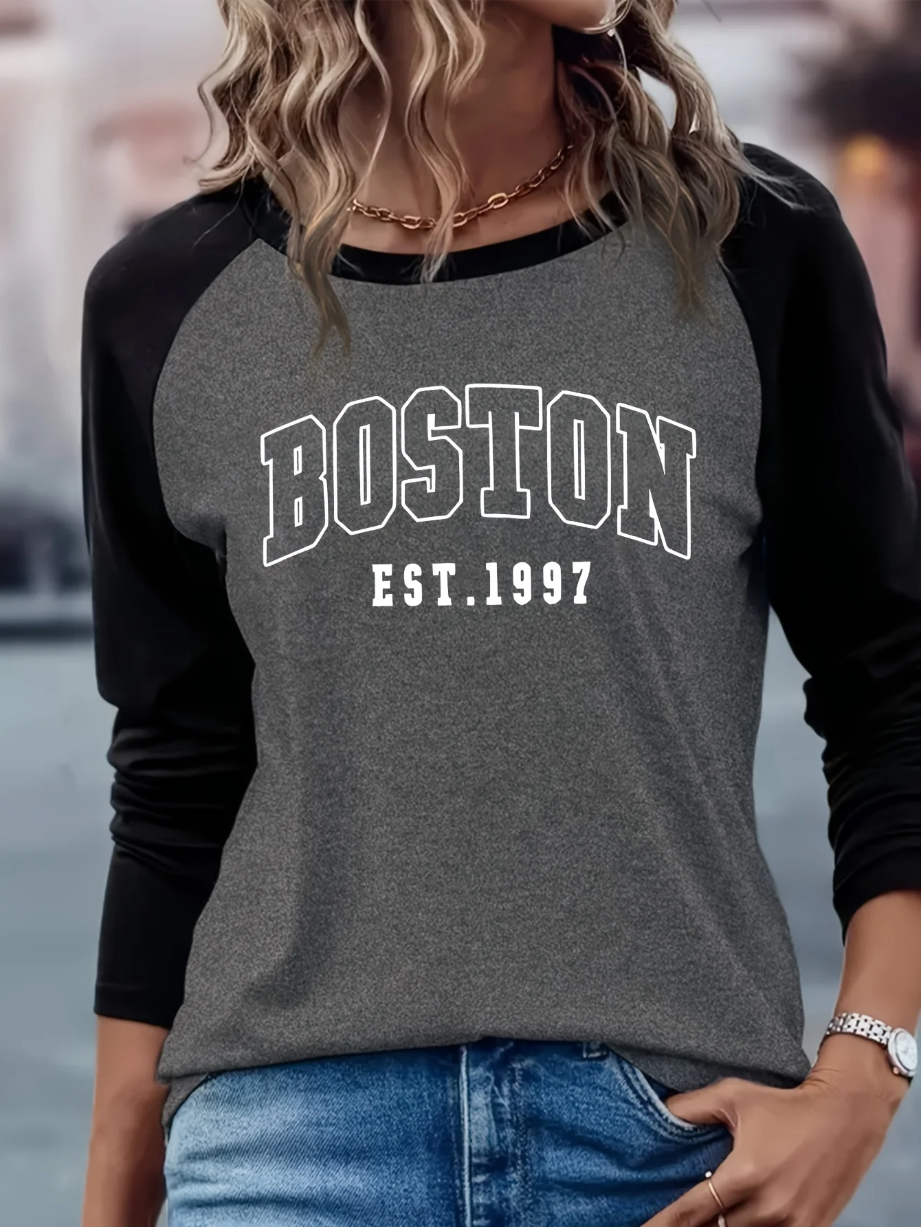 BOSTON Print Crew Neck T shirt Casual Long Jesienno-zimowy top damski z długim rękawem T-shirt luźny wygodny czarny biały