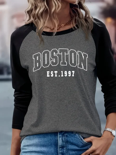 BOSTON Print Crew Neck T shirt Casual Long Jesienno-zimowy top damski z długim rękawem T-shirt luźny wygodny czarny biały