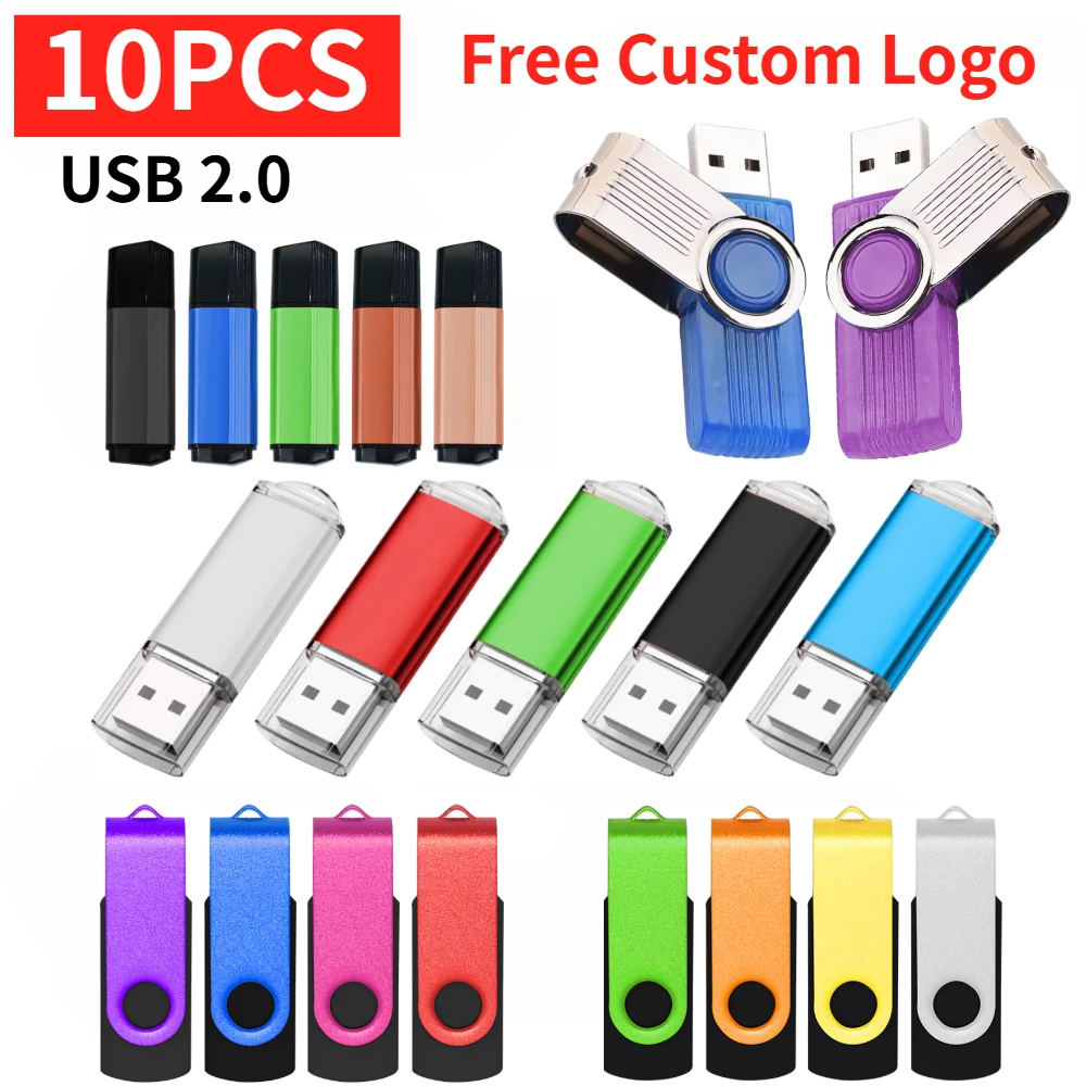 

10 шт. USB-флешки с бесплатным нанесением логотипа, цветные металлические, 64 ГБ, 32 ГБ, 16 ГБ, 8 ГБ, 4 ГБ, 128 МБ, USB-накопители, креативные, для бизнеса, USB 2.0