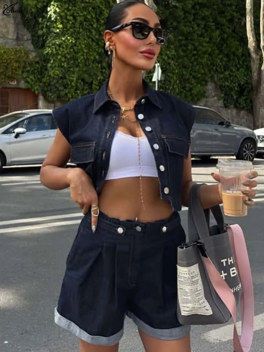 Oymimi модный темно-синий комплект из двух предметов, женские элегантные укороченные топы без рукавов с лацканами и карманами на пуговицах со средней талией, женские комплекты