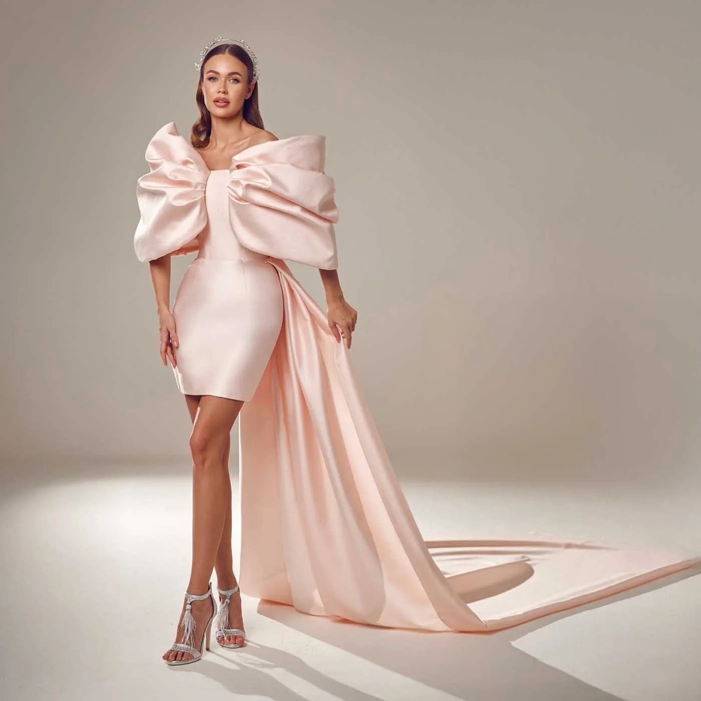 

Элегантные розовые короткие платья для выпускного вечера со съемным шлейфом и рюшами на плечах, тафта, свадебное второе платье, торжественное платье, наряд