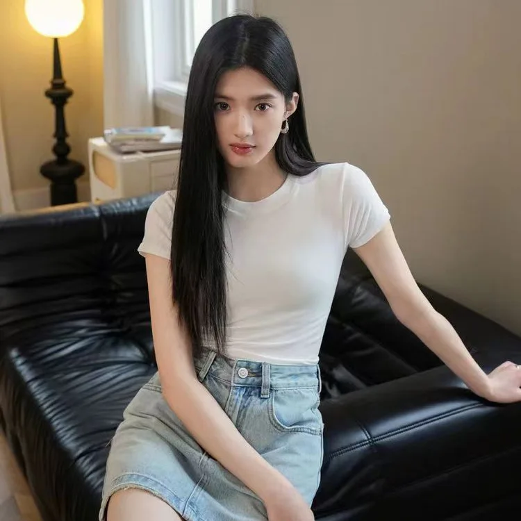 Y2K Sexy T-shirt Women Summer V-neck Tee Shirt Femme Solid Slim Short Sleeve Sport Fashion Tshirt Woman Clothes Crop Top Kpop