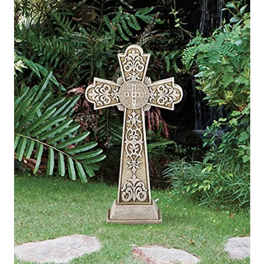 Garden cross statue for outdoor use, stone-resin material, gray color, weather-resistant and detailed craftsmanship