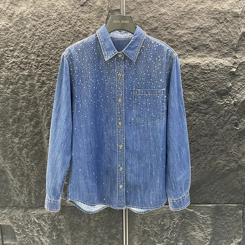 Starry Sky Diamonds Beaded Denim Shirt Retro Hot Drilling Sequined Jeans Blouses Coat Single Breasted Cowboy Cardigan Tops