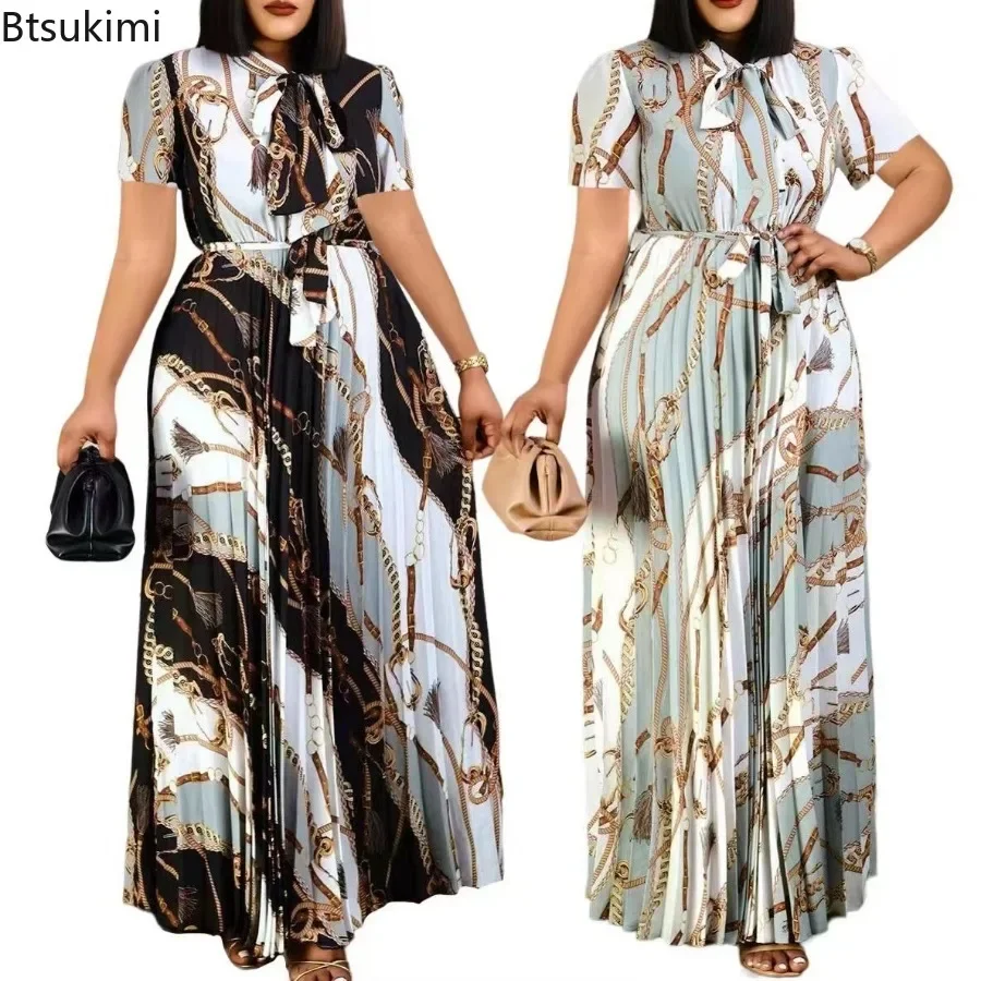 

Fashionable and Elegant Print Pleated Long Dresses for Women Oversized Short-sleeved Ladies Temperament Maxi Dress Evening Gowns