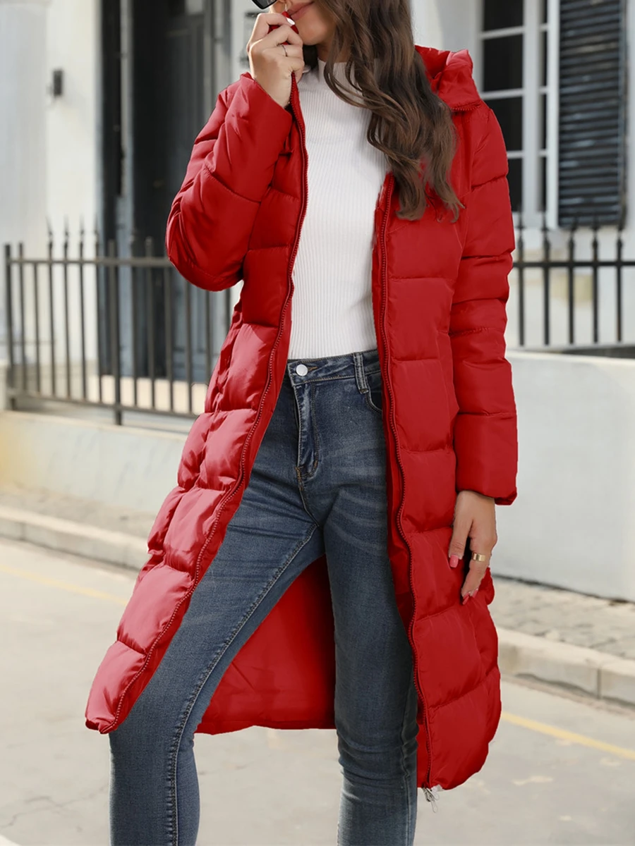 Chaqueta larga de algodón para mujer, Abrigo acolchado de manga larga con capucha y cremallera