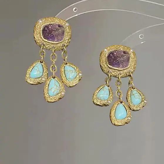 Vintage Lila Kristall-Türkis Wassertropfen Goldene Ohrringe für Frauen, Böhmische Ohr-Accessoires, Schmuckgeschenke, Party- und Freizeitkleidung – Detail 10