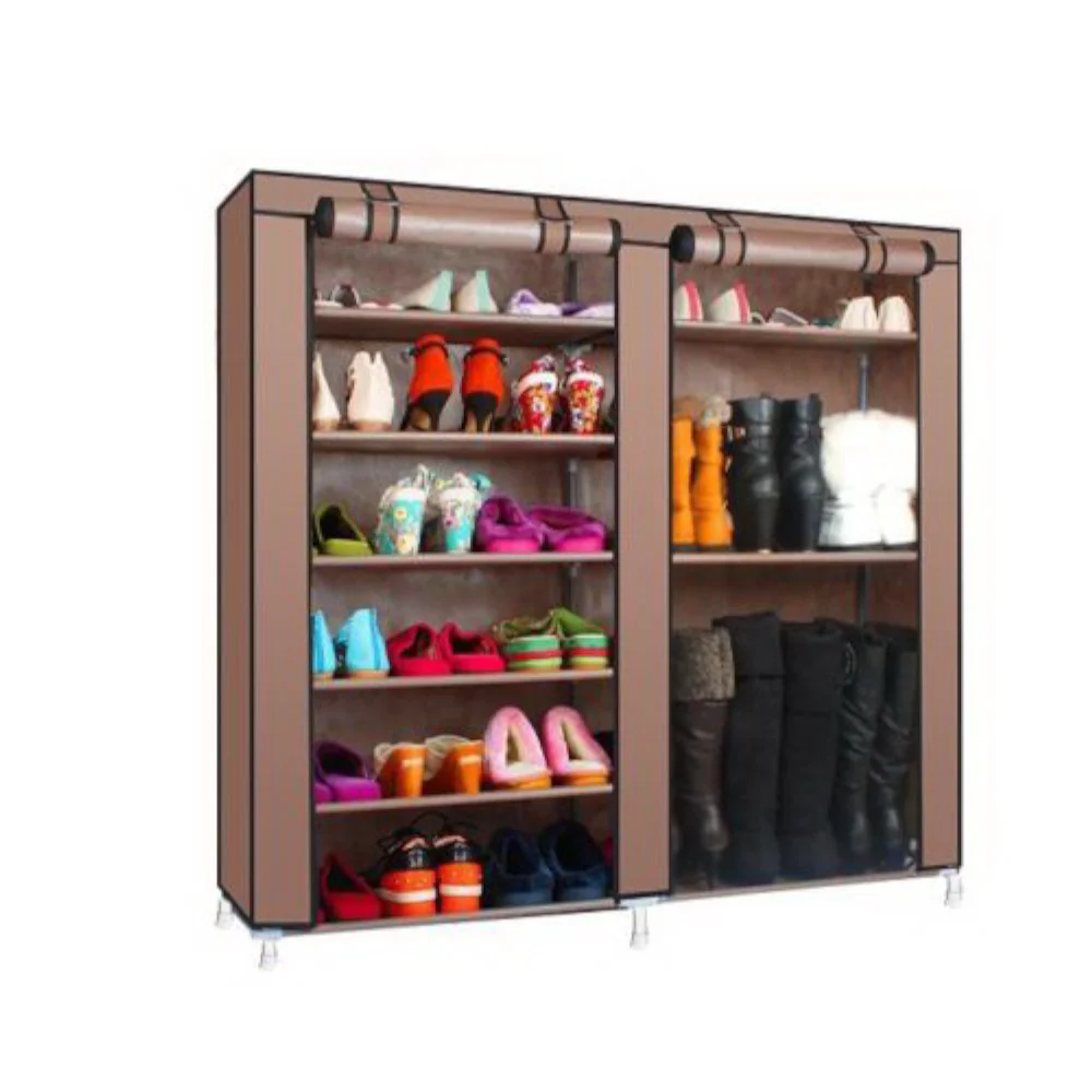 Double row 9-grid non-woven shoe cabinet in coffee color