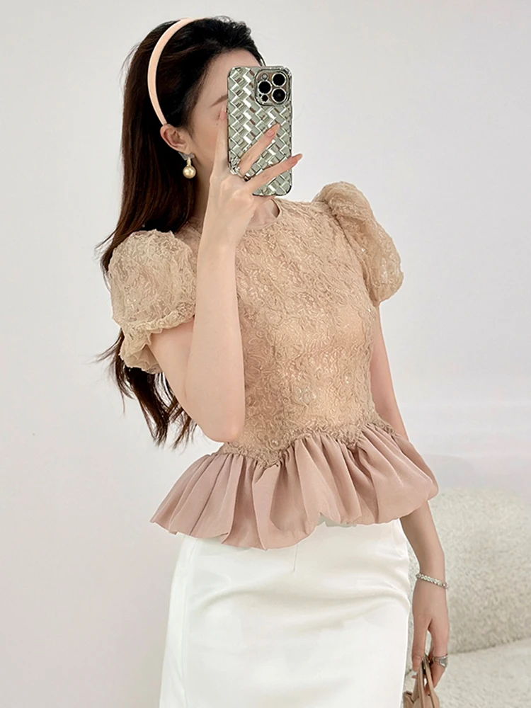 

Женская изысканная кружевная футболка с пышными рукавами, женская элегантная вечерняя блузка с рюшами, короткие топы, нежные блестки, красивая одежда для свиданий, новинка